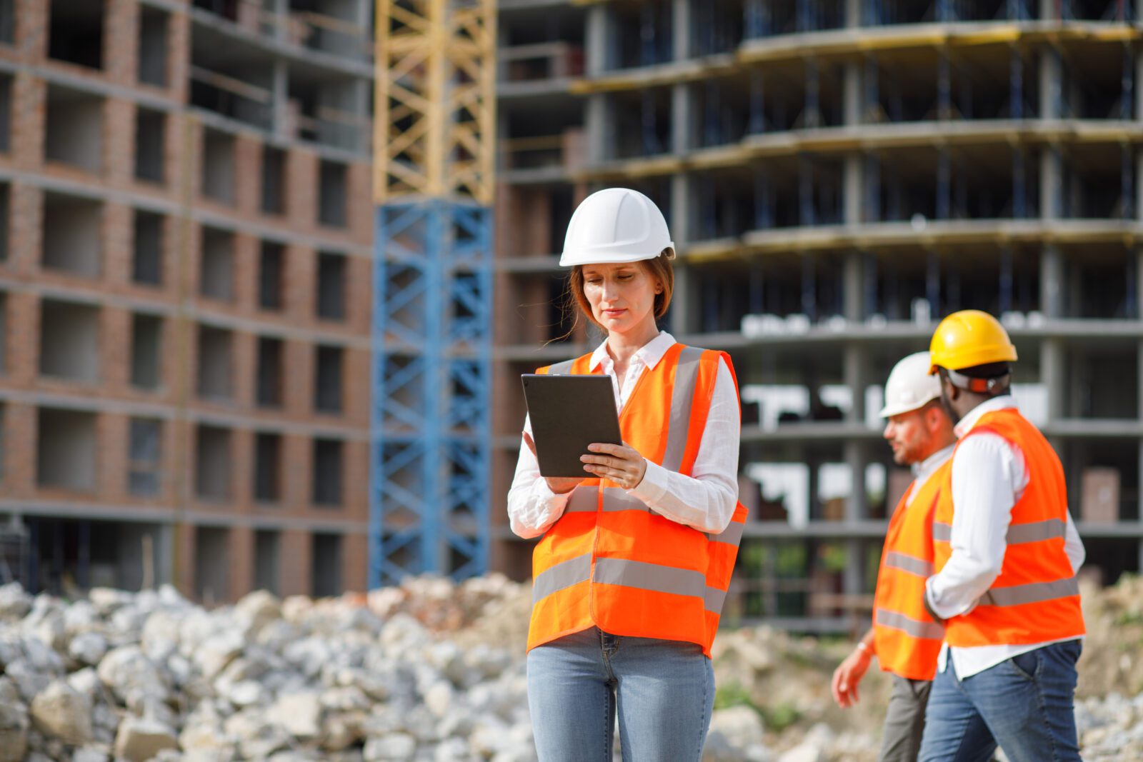 Female construction worker wearing safety wear looking at tablet with construction site behind her