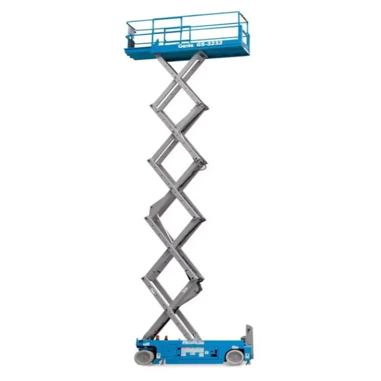 A blue electric narrow scissor lift at maximum elevation