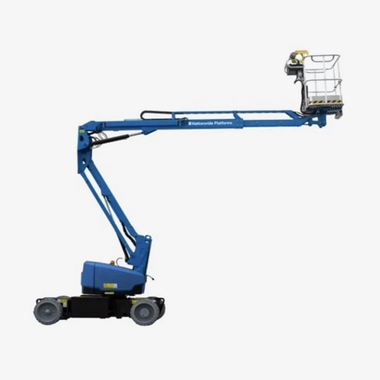 A blue electrical boom lift extended midway with an empty operator cage.