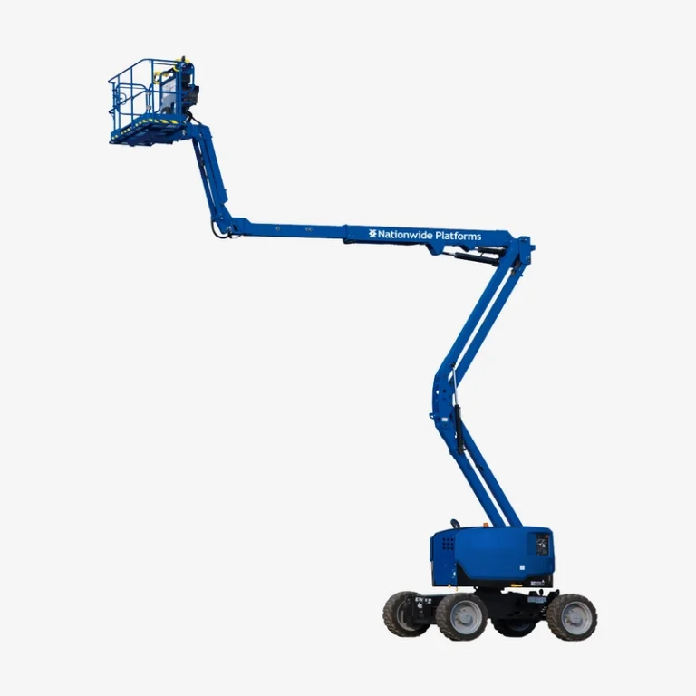 A blue boom lift elevated midway.