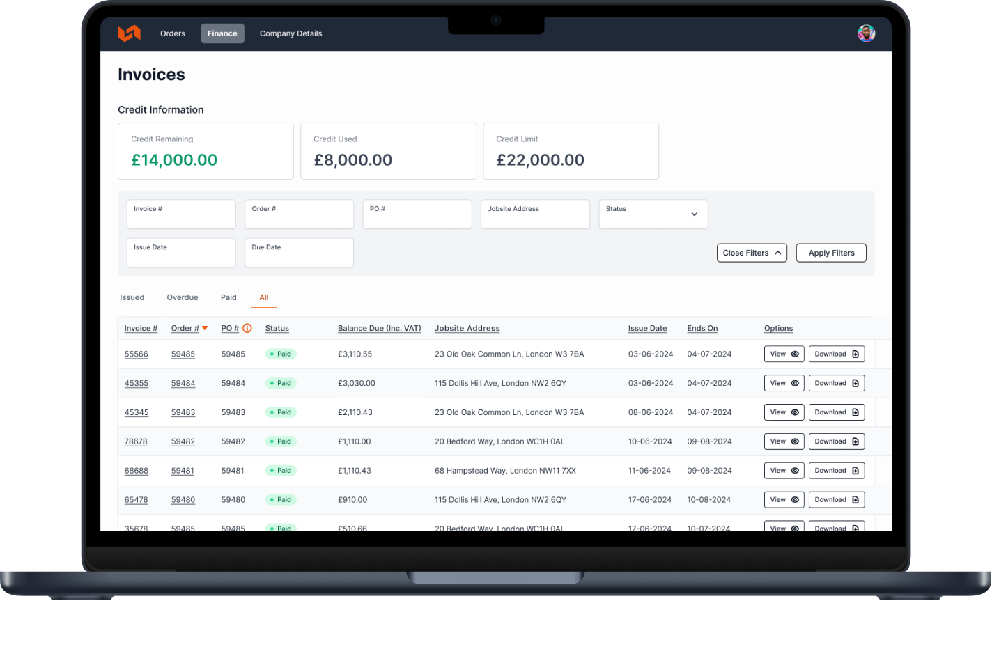YardLink platform interface showcasing finance tab and list of invoices