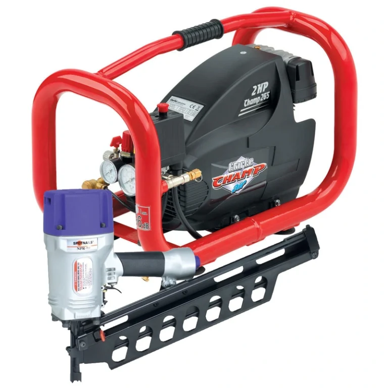 A black electric spot nailer with a red cage