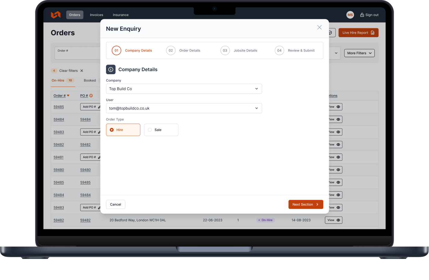YardLink platform interface showcasing new enquiry pop-up