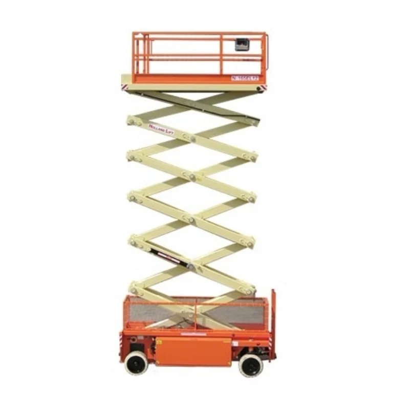A fully elevated orange and cream scissor lift