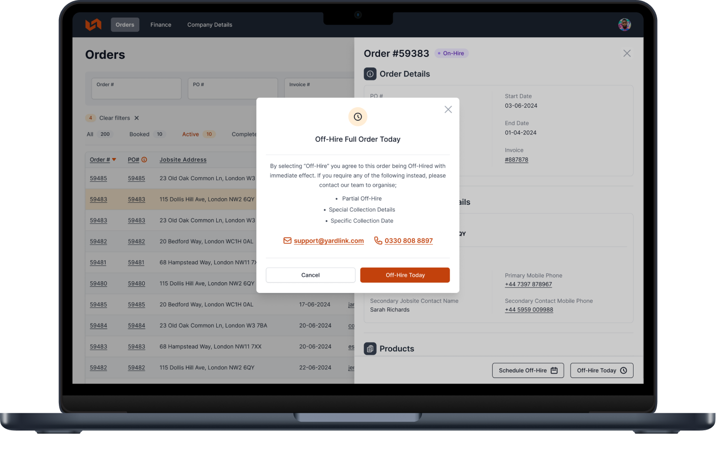 YardLink platform interface showcasing off-hire order pop-up