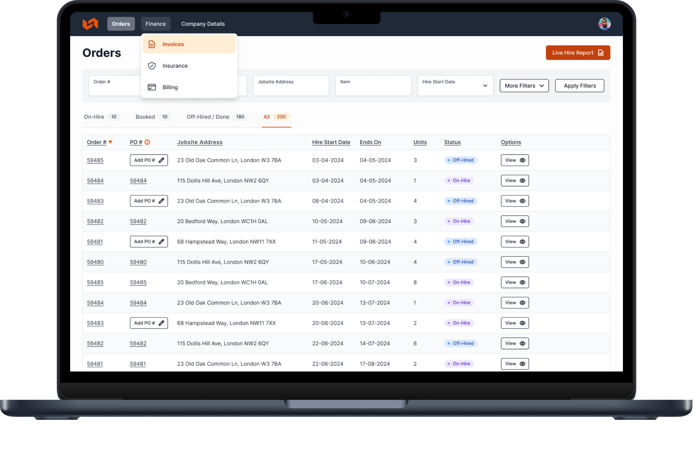 YardLink platform interface showcasing orders tab and list of job details