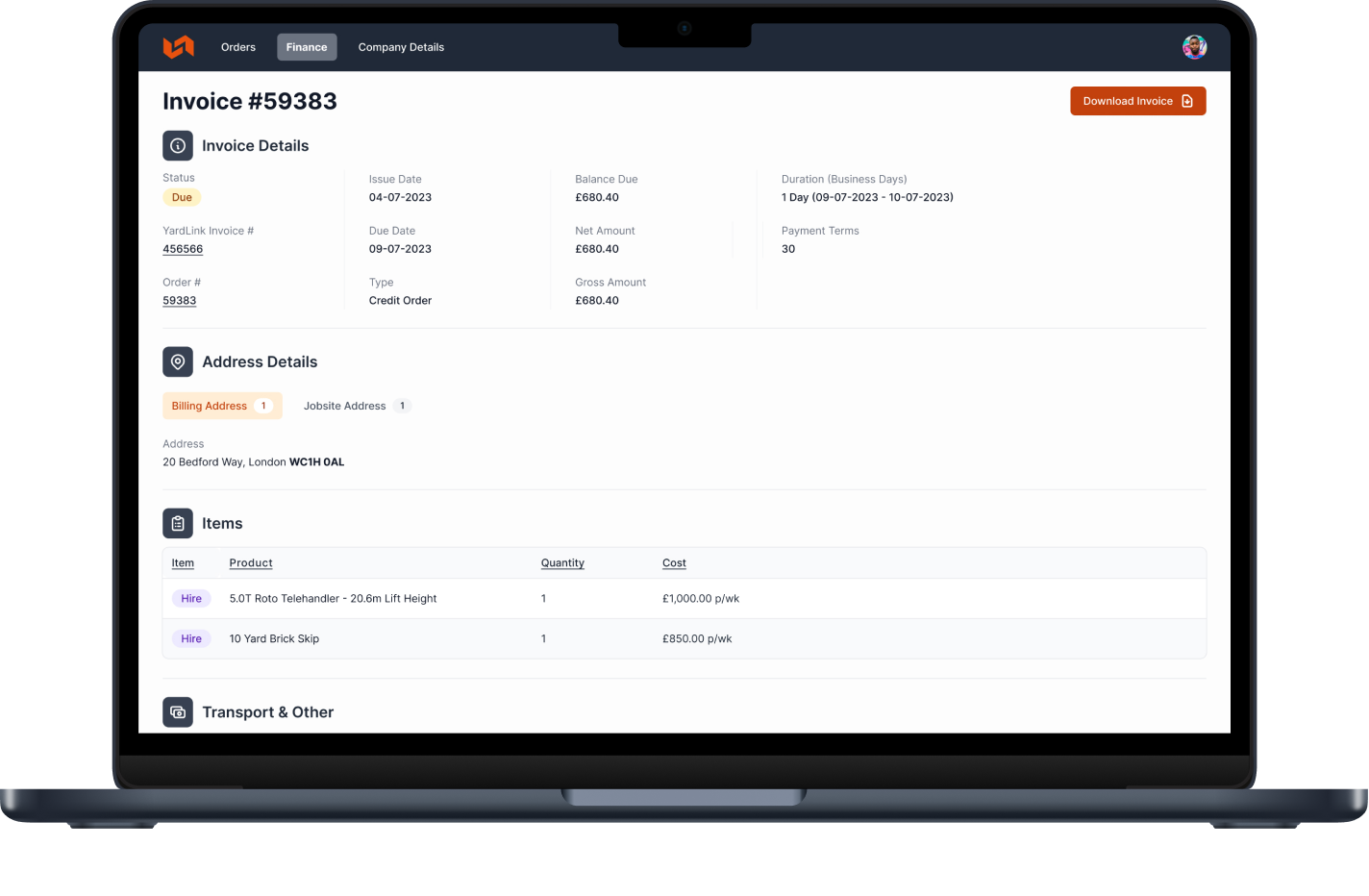 YardLink platform interface showcasing finance tab and detailed invoice information