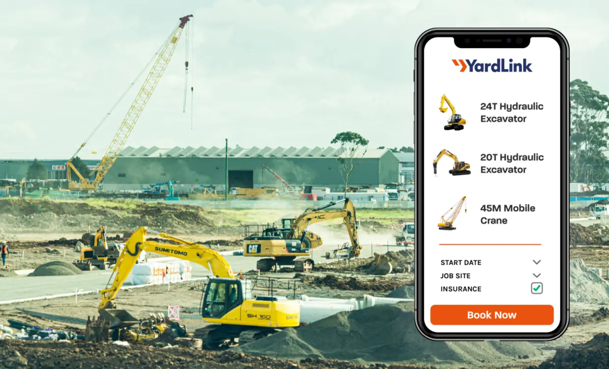 YardLink app on mobile screen overlaying construction site image